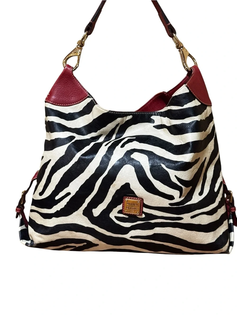 Dooney & Bourke Black and White Zebra Print Hobo with Burgundy Trim